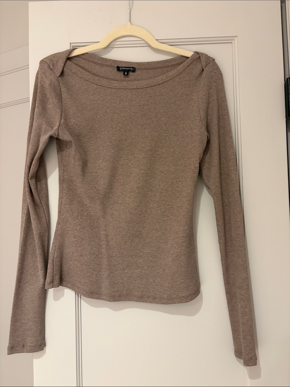 Dynamite Slim Long Sleeve Boat Neck Top in Taupe